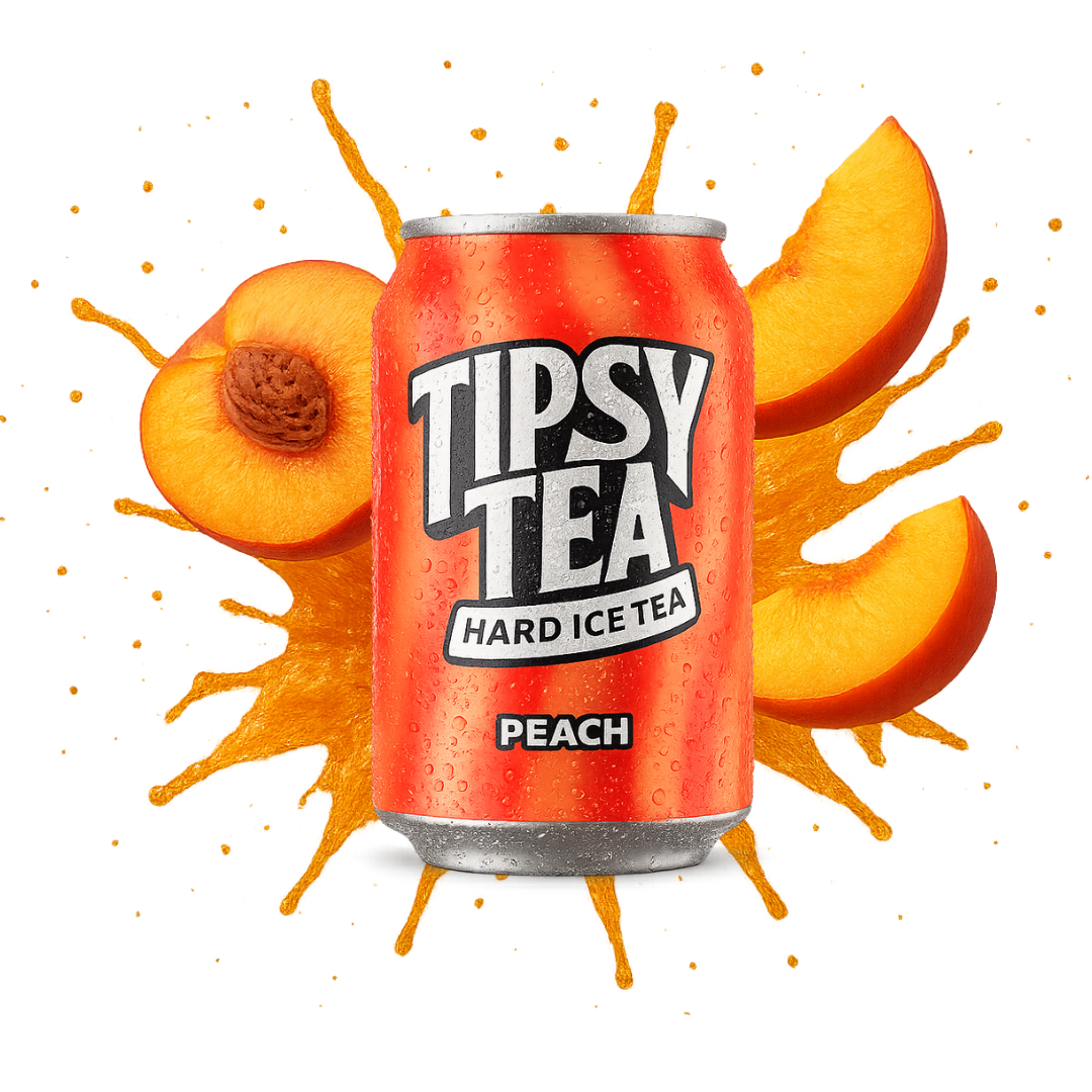 Can of Tipsy Tea Hard Ice Tea Peach with peach slices and splashes on a white background