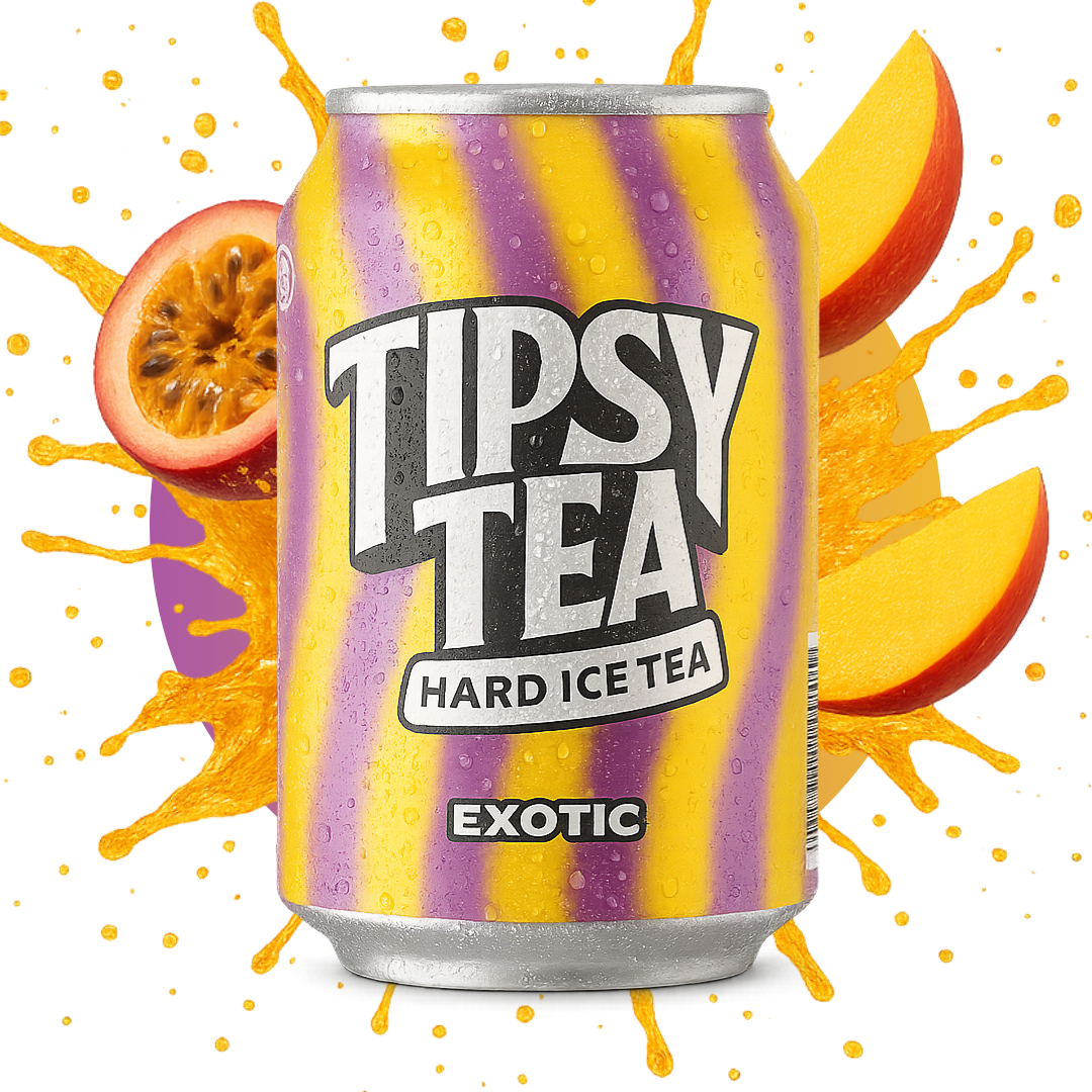 Can of Tipsy Tea Hard Ice Tea with fruit slices and splashes on a white background