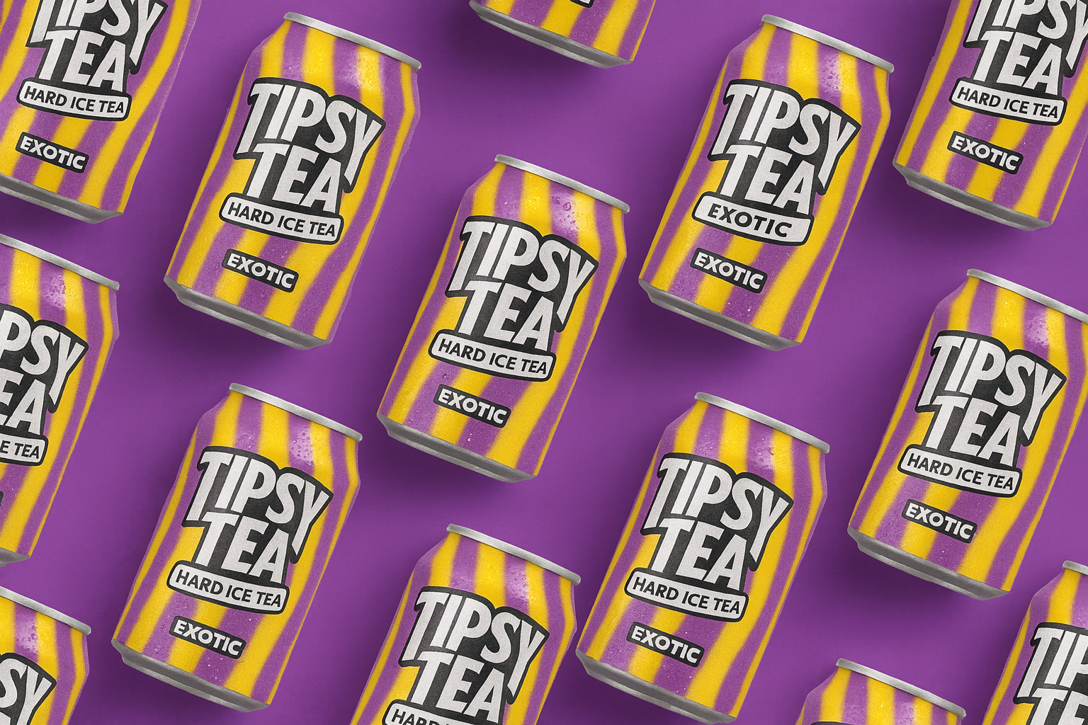 Pattern of Tipsy Tea cans with yellow and purple design on a purple background
