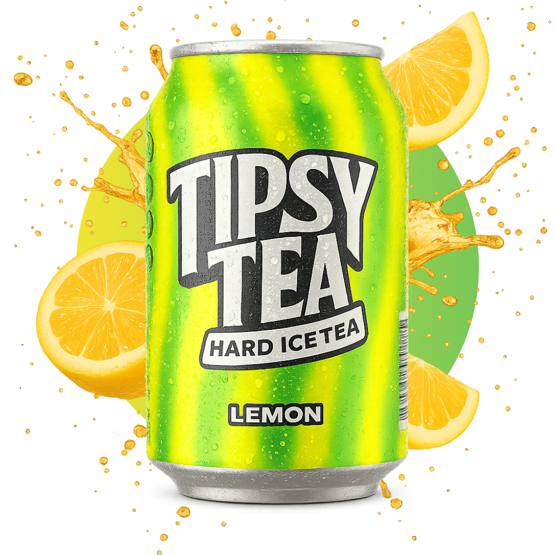 Can of Tipsy Tea Lemon hard iced tea with lemon slices and splashes on a white background